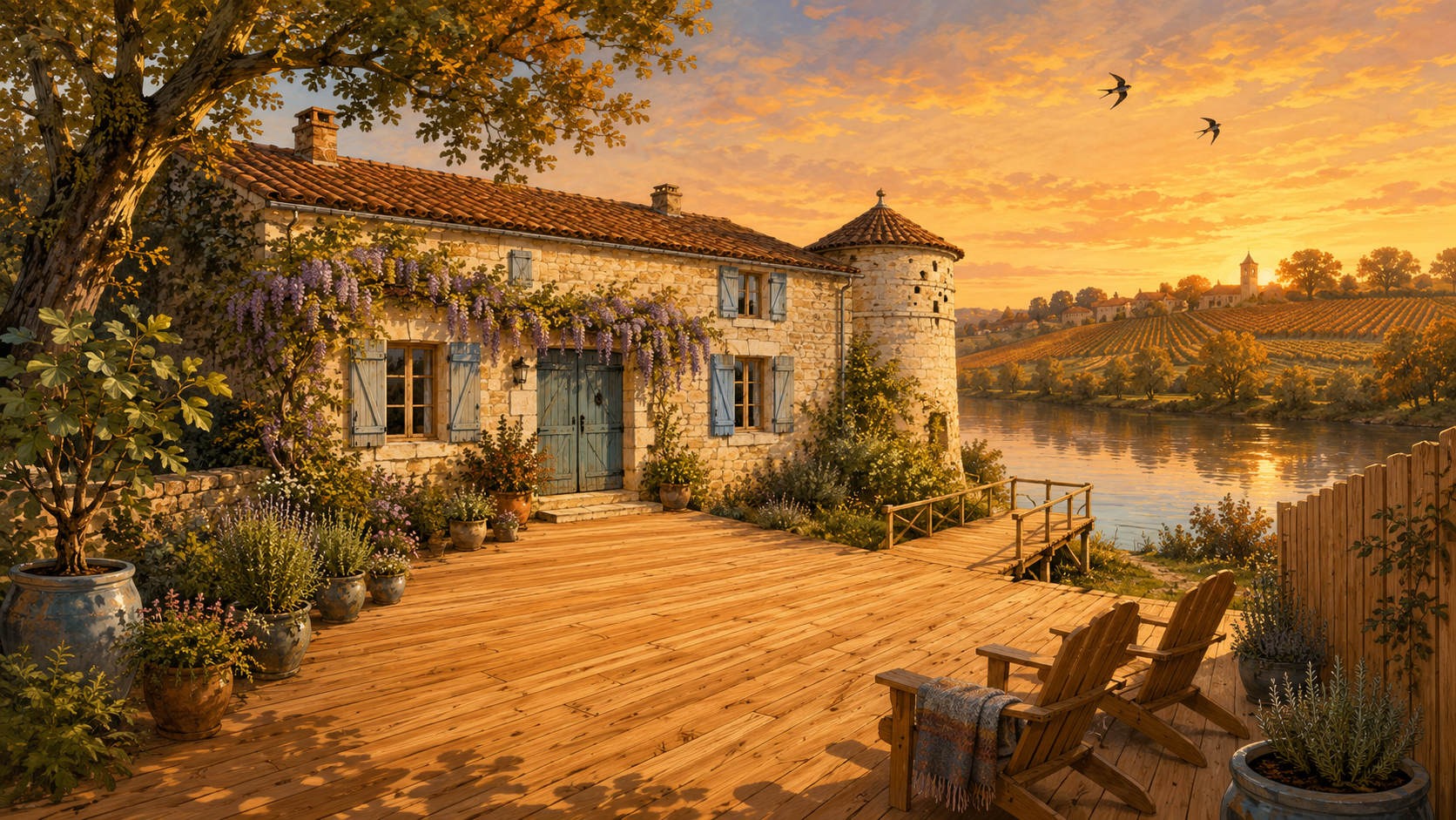 Illustration paysagère du dépôt avec terrasse en bois et clôture